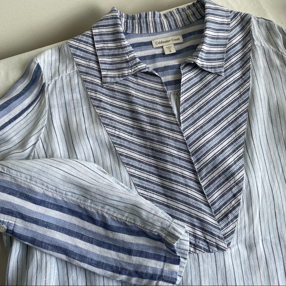 Coldwater Creek Linen Stripe Popover Blouse Roll Tab Sleeves - Picture 5 of 11